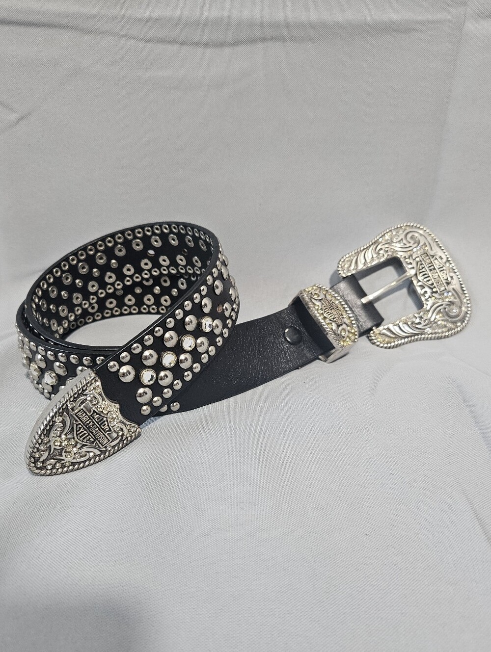 Harley-Davidson Y2K Leather Western Biker Crystal Rhinestone BLING Belt XS